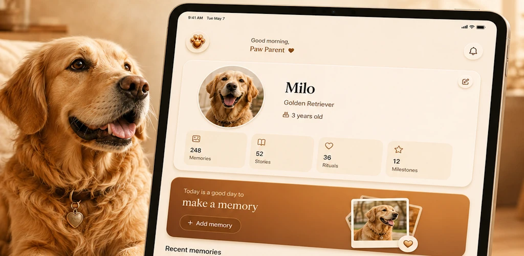 Golden retriever beside a PawChapter profile screen showing memories, Paw Signals and care history